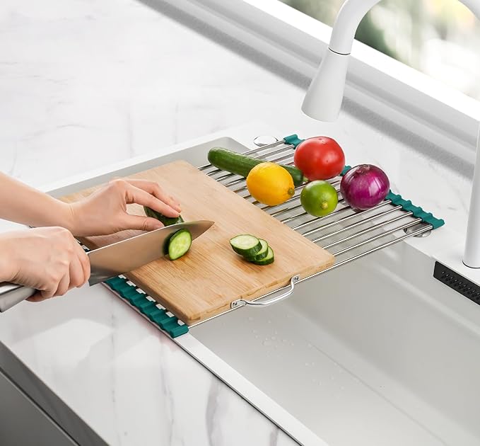 Tomorotec Stainless Steel Roll Up Dish Drying Rack, Foldable Over The Sink Rolling Drainer Rack, Multipurpose Kitchen Gadget Draining Caddy Organizer, Space Saving Sink Accessory Storage Shelf Holder
