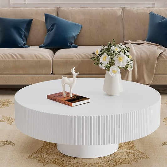 Round Coffee Table Fluted Coffee Table Wood Drum Coffee Tables Modern Circular Coffee Tables Circle Pedestal Center Table for Living Room Apartment (New White)