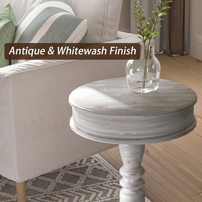 COSIEST Rustic Accent Side Table, Farmhouse Wood Pedestal Table Round End Table for Living Room, Bedroom, Distressed Whitewash Finish, Grey Color-NeatNest