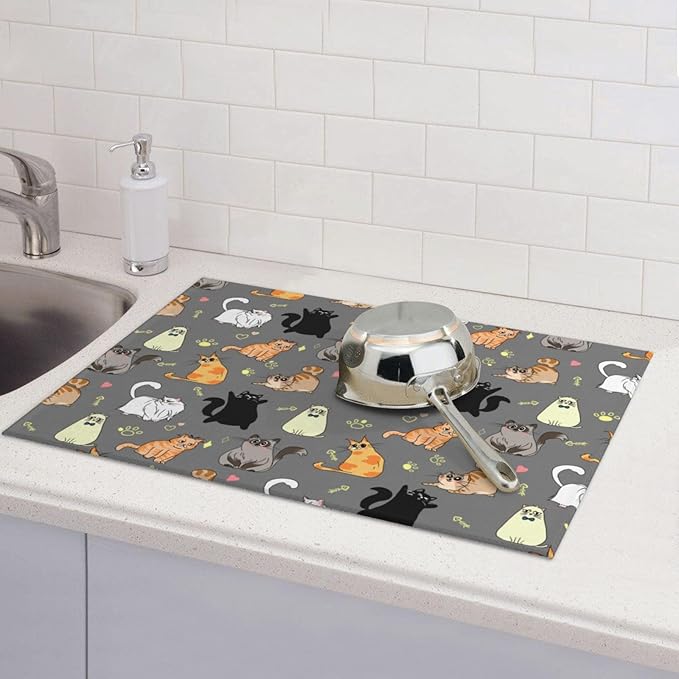 Cute Cat Dish Drying Mat 18 x 24 Inch for Kitchen Counter Cute Kitchen Mat Microfiber Kitchen Countertop Absorbent Reversible Drainer Rack Pad Dish Drying Mat 1PC-NeatNest
