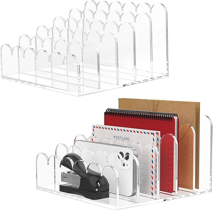 YAGELI 2 Pack 5-Slot Acrylic Mail Organizer for Desktop – Scalloped Clear Document Sorter, Vertical File Holder for Office/Home, Space-Saving Desk Organizer for Letters,Envelope,Bills,Stationery