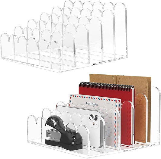YAGELI 2 Pack 5-Slot Acrylic Mail Organizer for Desktop – Scalloped Clear Document Sorter, Vertical File Holder for Office/Home, Space-Saving Desk Organizer for Letters,Envelope,Bills,Stationery