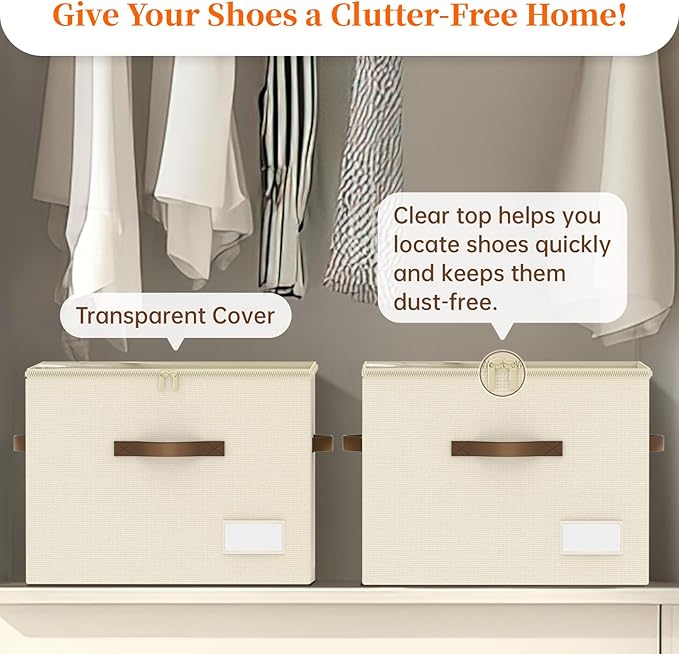 Shoe Organizer for Closet, 2 Pack Shoe Organizer with Clear Cover, Closet Shoe Storage Containers w/Adjustable Dividers, Foldable Storage Bins for Shoes, Fits 16-32 Pairs, Beige-NeatNest