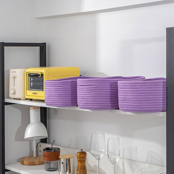 CubesLand Small Storage Baskets for Shelves, Closet Organization Storage Bins Empty Gift Basket 3 Packs Baby Nursery Woven Baskets for Organizing, Rectangular Clothes Closet Shelves Baskets Purple-NeatNest