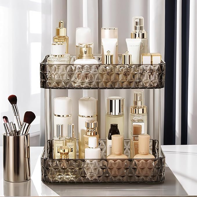 Makeup Organizer for Vanity,Bathroom Countertop Skincare Organizer,Makeup Counter Shelf Perfume Holder Rack,Cosmetic Display Case(Clear Black, 2 Tier)-NeatNest