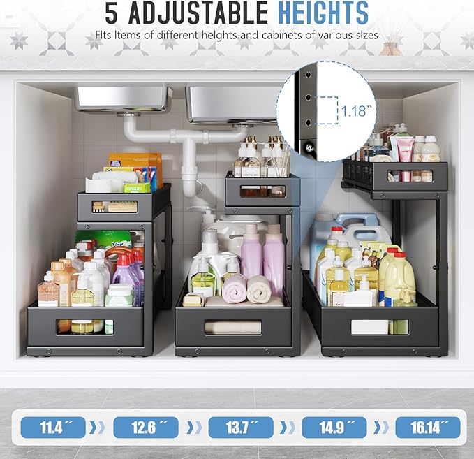 2 Pack 20.47IN Depth Under Sink Storage Organizer, Large 2-Tier Elegant Mesh Pull Out Shelf for Kitchen and Bathroom Cabinet Organization, L-Shaped and Adjustable Height Design-Black-NeatNest