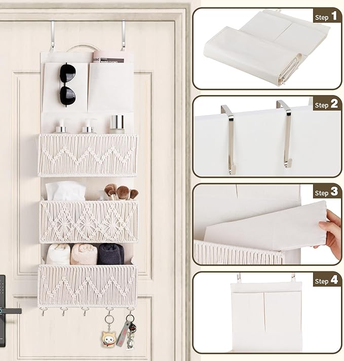 ANTIS'S HOME Over The Door Organizer Boho Bedroom Decor Nursery Storage with 3 Large Woven Pockets, Macrame Nursery Organizers and Toys Storage, Behind Door for Bathroom, Beige Back of Door Organizer-NeatNest