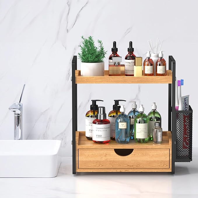 LEMIKKLE 2-Tier Bathroom Organizer with Drawers and Baskets, Multi-Purpose Makeup Organizer Countertop, Large Skincare Organizers, Exquisite Vanity Organizer,Wood-NeatNest