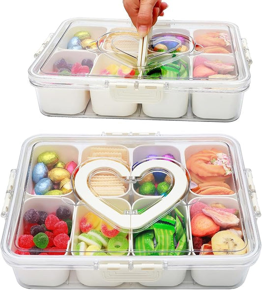 2 Pack Snackle Box Container,snack box-Divided Serving Tray with Lid and Handle with 8 Compartment,Portable Snack Serving Platters Reusable Storae Organizer for Fruits,Nuts,Candy,Party,Picnic-NeatNest