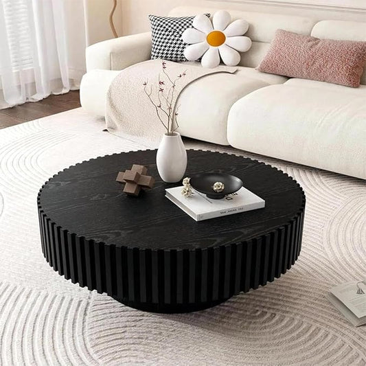 KEVINSPACE Coffee Table Black for Living Room Wood Round Tables Small Circle Modern Fluted Mid Century Accent Center Drum Contemporary Minimalist Livingroom Easy Assembly Ø31.5 inch