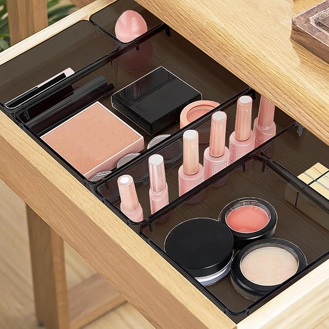 10 PCS Drawer Organizer Set, 4 Varied Size Bathroom and kitchen Drawer cabinet organizer Trays, Clear Storage Bins for Makeup, Jewelry, Utensils and Gadgets, Black-NeatNest