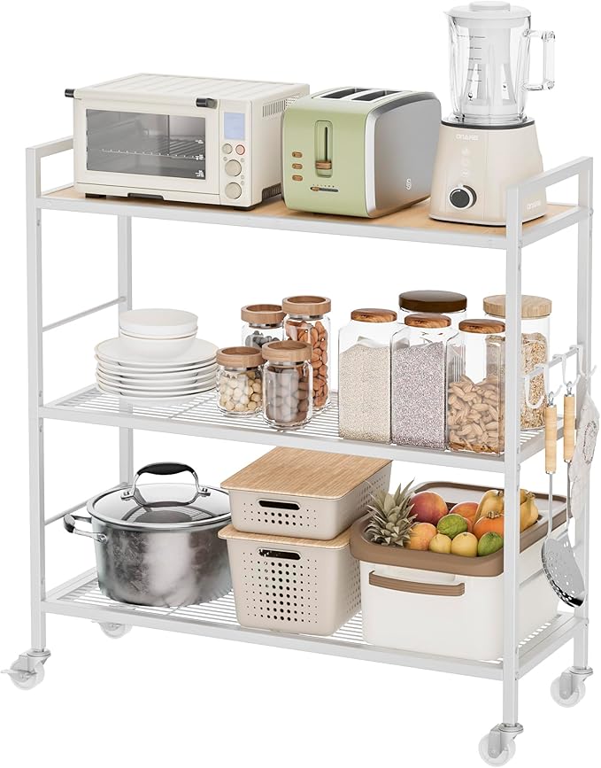 3-Tier Metal Storage Rack with Industrial Wheels,Mesh Shelving Unit with Wooden Table top,Adjustable Shelf,31.5-Inch Width, for Kitchen, Laundry,Pantry,Plant,Oak panel and white frame