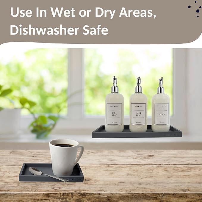 Countertop and Vanity Tray - 2 PC (11” and 7”) Shatterproof Silicone Kitchen and Bathroom Trays for Counter, Kitchen Soap Dispenser Tray, Vanity Trays for Bathroom, Perfume Key Tray-NeatNest