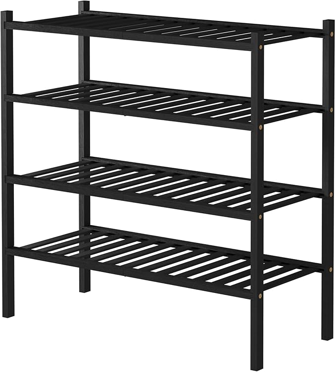 4 Tier Bamboo Shoe Rack for Closet Free Standing Wood Shoe Shelf for Entryway Small Space Stackable 27"x11"x26" (Black)-NeatNest
