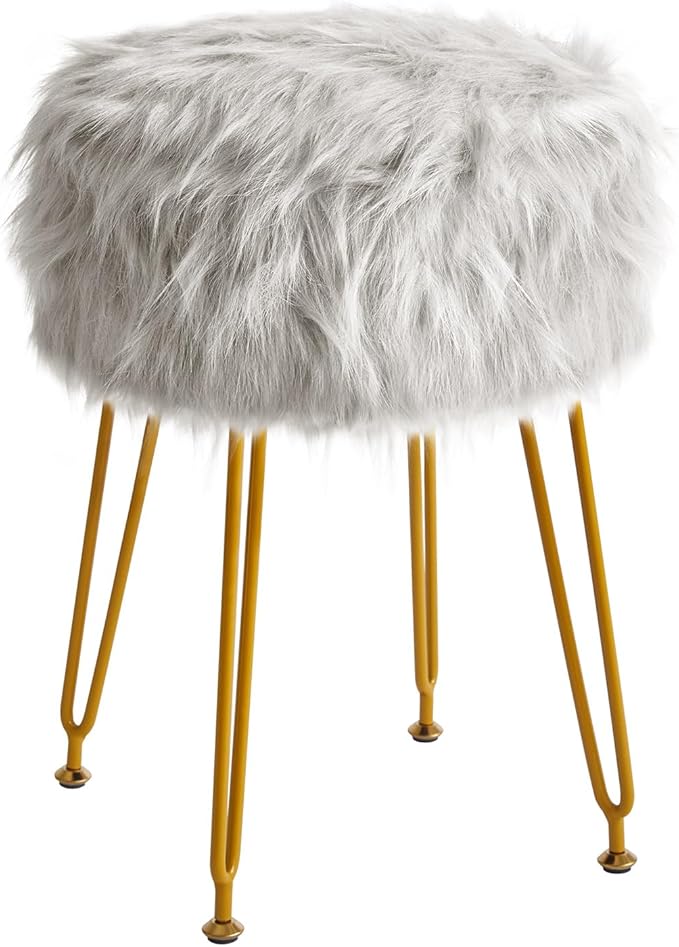 IBUYKE Round Faux Fur Vanity Stool with Storage, Furry Makeup Chair Ottoman, Soft Padded Seat, Round Footrest Footstools with 4 Metal Legs, for Living Room Bedroom Entryway, Gray WBD021G