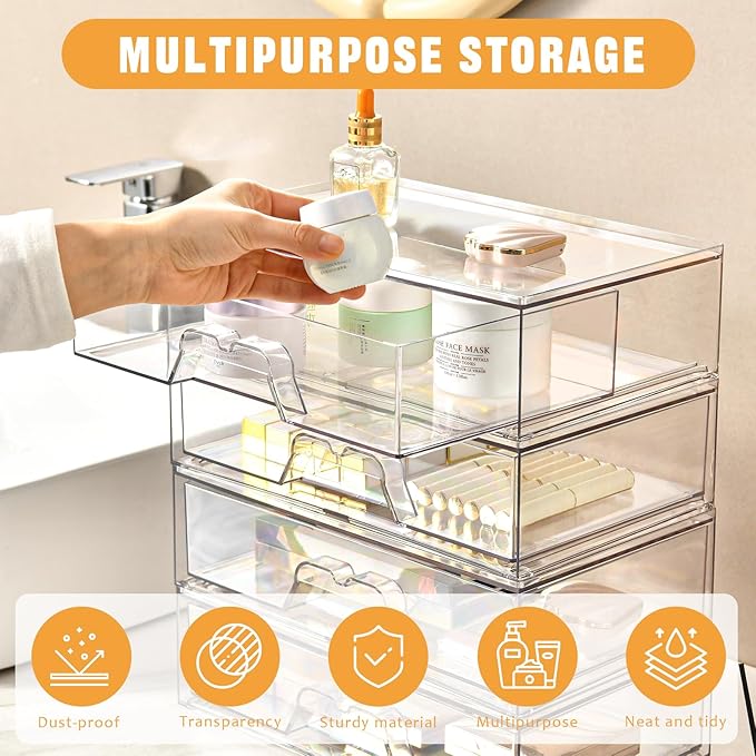2 Pack Stackable Makeup Organizer, 12.1''L Acrylic Bathroom Organizer and Storage Undersink Drawer, Cosmetics and Beauty Supplies,Clear Plastic Storage Bins for Desk,Cabinet,Kitchen,Vanity,Pantry-NeatNest