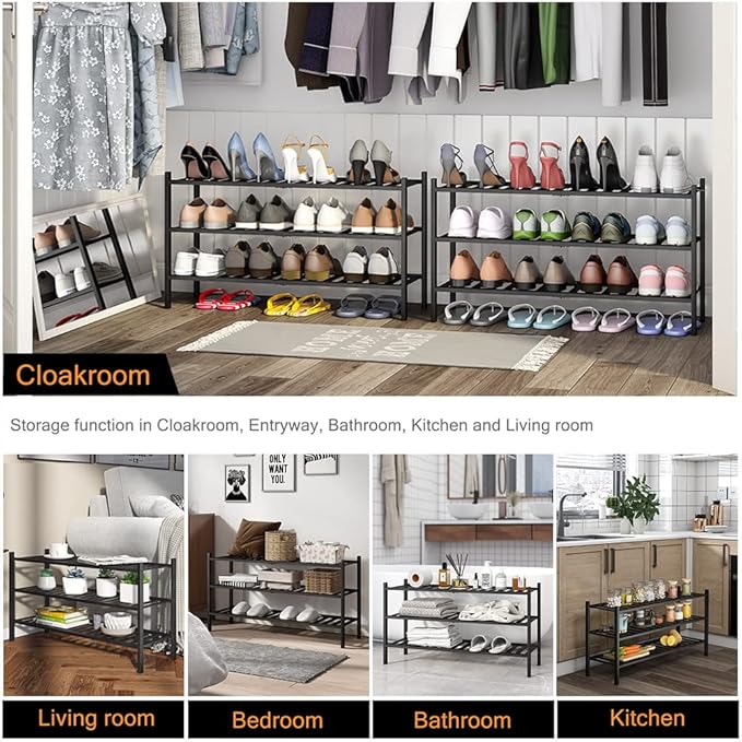 Long Shoe Rack, 3-Tier Bamboo Stackable Shoe Shelf Storage Organizer, Shoe Stand for Closet, Entryway and Hallway-NeatNest