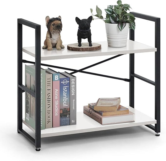 CAPHAUS 2 Tier Small Bookshelf, 24 Inch Width Free Standing Shelf, Bookcase Shelf Storage Organizer, Industrial Book Shelves for Home Office, Living Room, White Shelves & Metal Frame-NeatNest