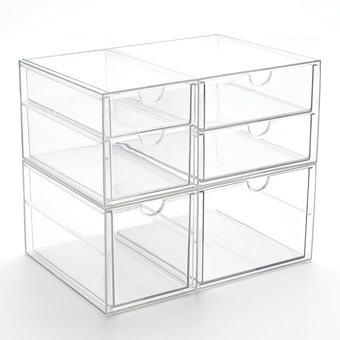Prsildan Acrylic Drawer Makeup Organizer with 6 Drawers, Set of 2 Office Desk Organizers Accessories, Clear Stackable Storage Drawers for Vanity, Craft, Not for Baby Bottle (Largest Drawer 4" Tall)-NeatNest