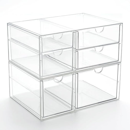 Prsildan Acrylic Drawer Makeup Organizer with 6 Drawers, Set of 2 Office Desk Organizers Accessories, Clear Stackable Storage Drawers for Vanity, Craft, Not for Baby Bottle (Largest Drawer 4" Tall)-NeatNest