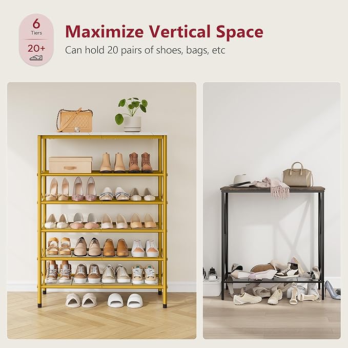 Tajsoon 6 Tier Shoe Rack Organizer for 20-24 Pairs of Shoes, Metal Mesh Shoe Shelf for Closet, Industrial Shoe Rack for Entryway Shoe Storage with X Shape Fixed Frame, White & Gold-NeatNest