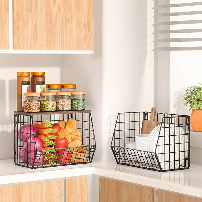 2 Tier Fruit Bowl Fruit Basket for Kitchen Counter Stackable Wall Mounted Hanging Basket Wire Baskets with Wood Lid with 4 Banana Hanger Hooks, Onion Basket, Fruit and Vegetable Storage