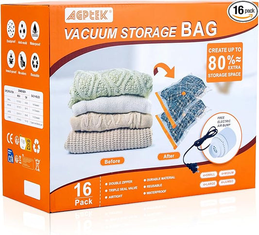 AGPTEK 16 Pack Vacuum Storage Bags(4 Jumbo/Large/Medium/Small) Compression Storage Bags for Blankets Clothes, Space Saver Vacuum Seal Bags for Clothing Bedding Travelling Luggage(Electric Pump)-NeatNest