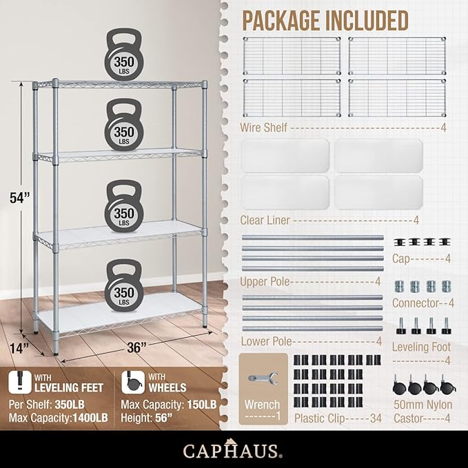 CAPHAUS NSF Adjustable Shelves Metal Wire Shelving Unit w/Liners, Kitchen Storage Shelving, Metal Steel Storage Shelving, Garage Shelving Storage Organizer, Utility Shelf, 4-Tier W/Wheels, Silver-NeatNest