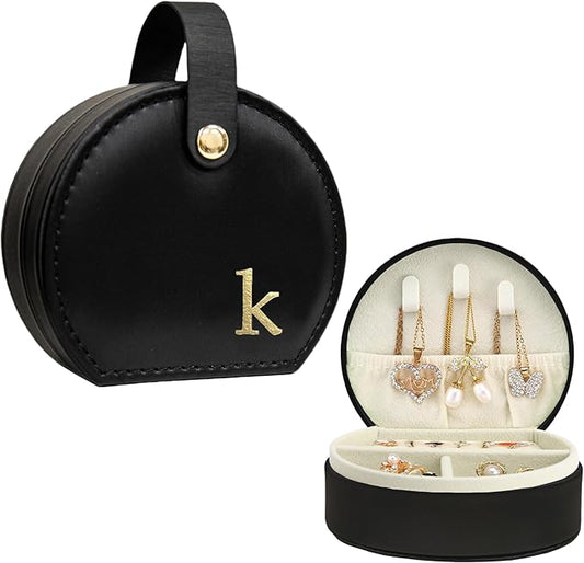 COLLECTIVE HOME - Travel Jewelry Case, Elegant Half-Moon Design with Gold Monogram, Detachable Handle, Personalized Accessory Organizer, Gift for Fashion-Forward Women and Teens, Black (k)-NeatNest