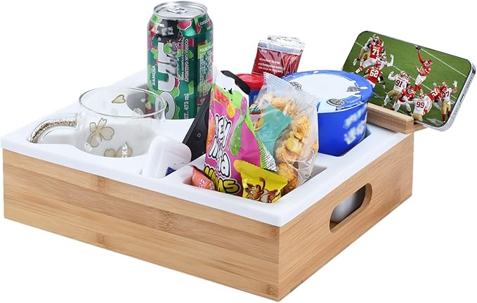 Couch Cup Holder with Bamboo Tray and Anti-Spill Silicone Liner for TV Watching Snack Trays with Cup and Remote Holder (White)-NeatNest