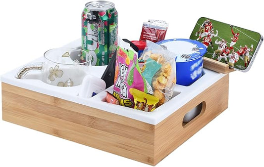 Couch Cup Holder with Bamboo Tray and Anti-Spill Silicone Liner for TV Watching Snack Trays with Cup and Remote Holder (White)-NeatNest