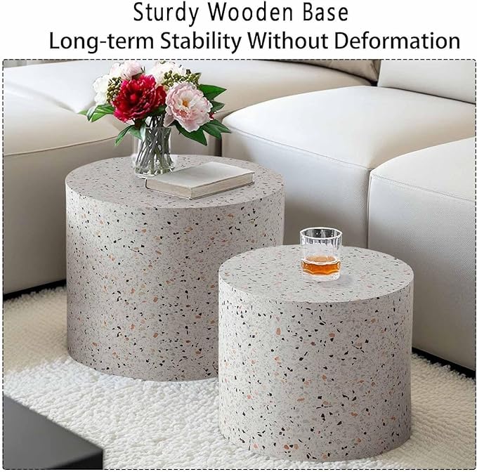 Modern Round Nesting Coffee Table Set of 2, Vertical Stripe Design Drum Coffee Table Cocktail Table, Round Side Table for Living Room, Bedroom, Office, Balcony (H14.6+18.1")
