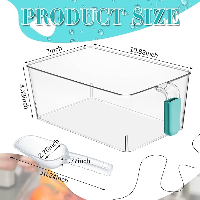 Havawish 2 Set Ice Bin and Flexible Scoop Set Plastic Freezer Ice Bin with Pull out Handle Clear Storage Bucket for Container with Bucket Scoop(Blue,10.83 x 7 x 4.33 in)