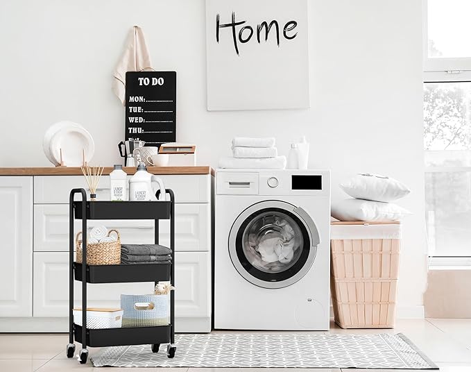 CAXXA 3-Tier Rolling Metal Storage Organizer - Mobile Utility Cart, Kitchen Cart with Caster Wheels (Black)-NeatNest