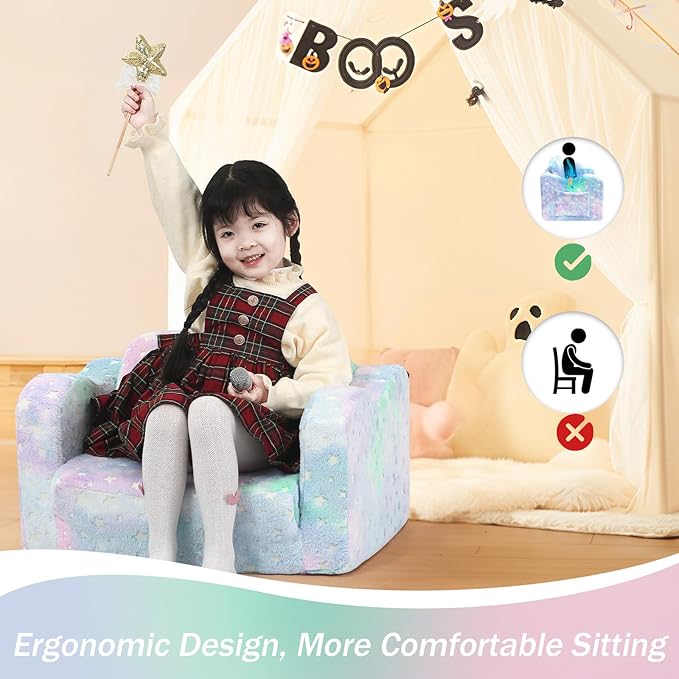 Folding Toddler Chair, Soft Plush Fold Out Kids Couch Sofa Glow in The Dark, Comfy Baby Recliner for Girls Boys (Blue Galaxy)-NeatNest