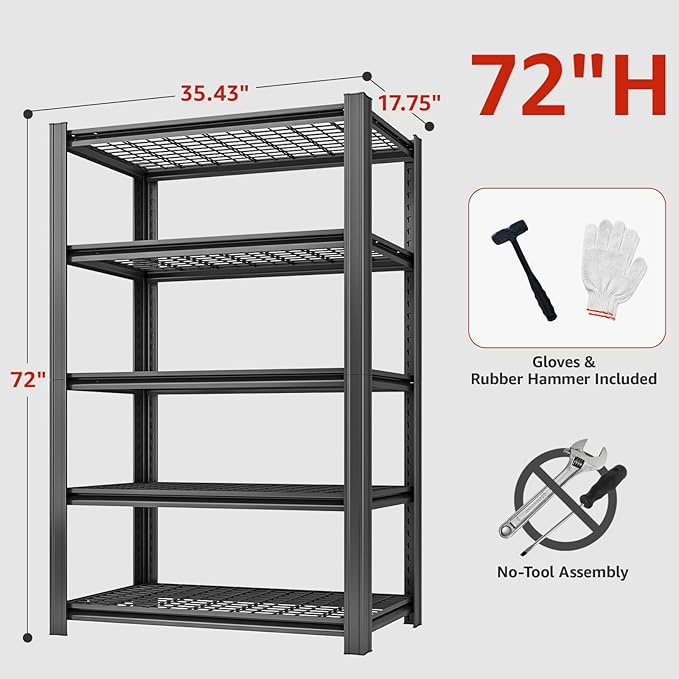 5 Tier Metal Storage Shelves, 72" H x 35.43" W x 15.75" D, 2500 LBS Adjustable Shelving Unit for Warehouse, Office, Kitchen, Pantry, Living Room, Laundry Room, Garage Shelving, Black-NeatNest
