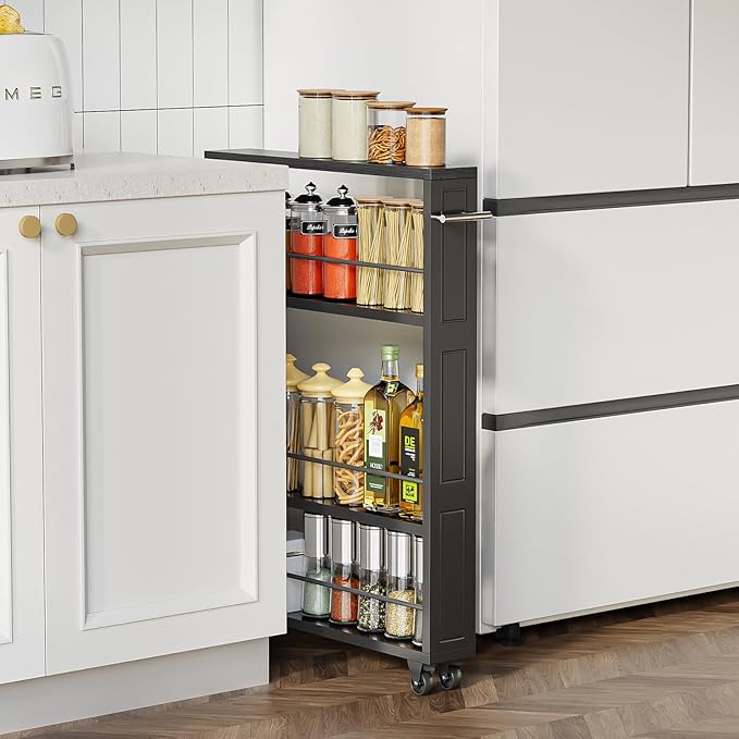 KLM Rolling Storage Cart 4-Tier Black Kitchen Cart with Wheels, Slim Storage Cart with Handle Slide Out Utility Cart Shelving Unit Organizer Trolley for Laundry Narrow Places Bathroom Small Corner