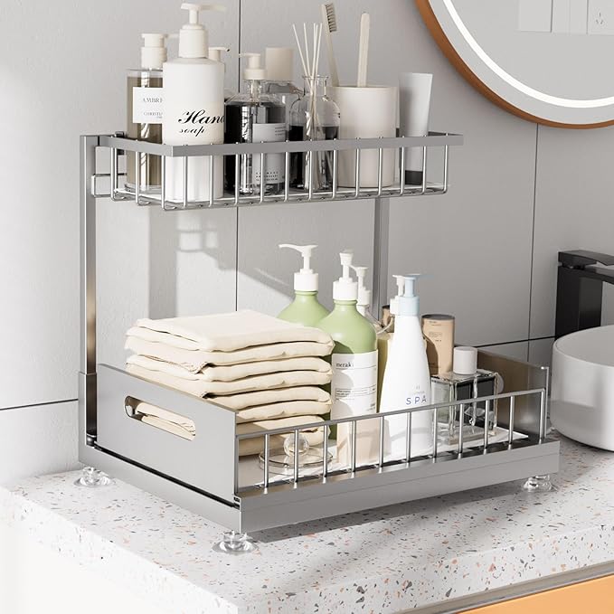 2 Pack Under Sink Organizer Storage 2-Tier Premium Metal Pull-Out Racks, Height Adjustable, Easy Installation | Kitchen & Bathroom Organizers-NeatNest