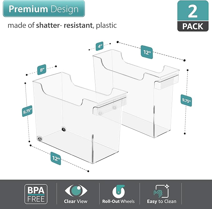 Sorbus Roll Out Bottle Organization Bins - 2 Sizes Pantry Under Sink Organizer with Wheels & Handles - Clear Plastic Organizing Containers for Cleaning Supplies - Kitchen Cabinet Laundry Room Storage-NeatNest