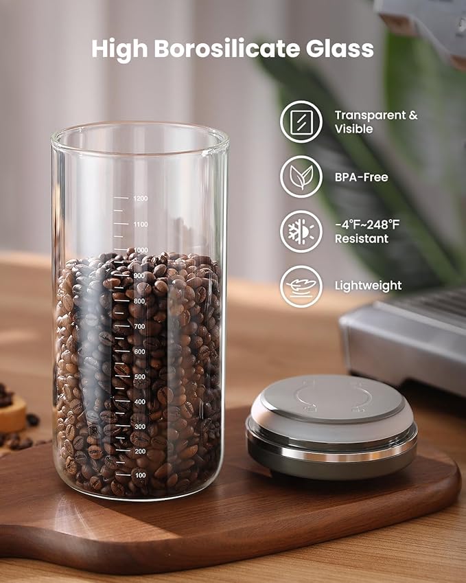 Coffee Canister with Airtight Lid, One-Press Button Borosilicate Glass Coffee Container with PP Silicone Lid, Food Storage Container for Grounds Coffee, 1lb Beans, Flour, Cereal, Sugar-NeatNest