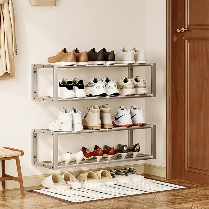 Homeiju Hanging Shoe Organizer,2 Pack Wall Mounted Shoe Rack Holds 12 Pairs,Space Saving Metal Wall Shoe Rack,Hanging Shoe Rack Shoe Holder for Small Space,Entryway,Closet,RV,Camper (Silver)-NeatNest