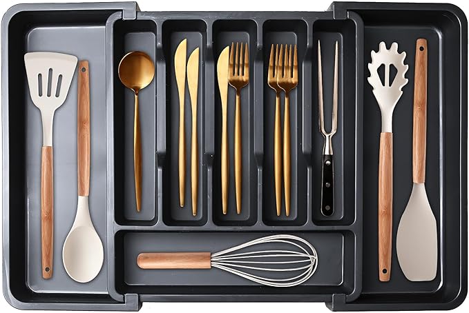 INFTYLE Kitchen Utensil Drawer Organizer,Expandable Utensil tray for Kitchen,Plastic Spatula Tools Adjustable Cutlery Storage for Forks, Knives, Multipurpose Kitchen Organizers,Black-NeatNest
