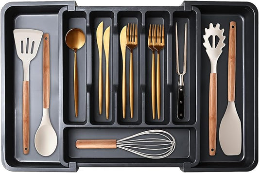 INFTYLE Kitchen Utensil Drawer Organizer,Expandable Utensil tray for Kitchen,Plastic Spatula Tools Adjustable Cutlery Storage for Forks, Knives, Multipurpose Kitchen Organizers,Black-NeatNest