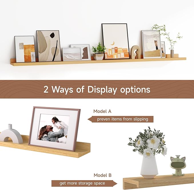 Floating Picture Ledge Shelves for Wall Set of 2, 55 Inches Picture Shelf with Ledge, Nursery Book Shelf for Toys Storage Kids Bookshelf Wall Mounted Living Room Bedroom Decor Frames, Oak-NeatNest