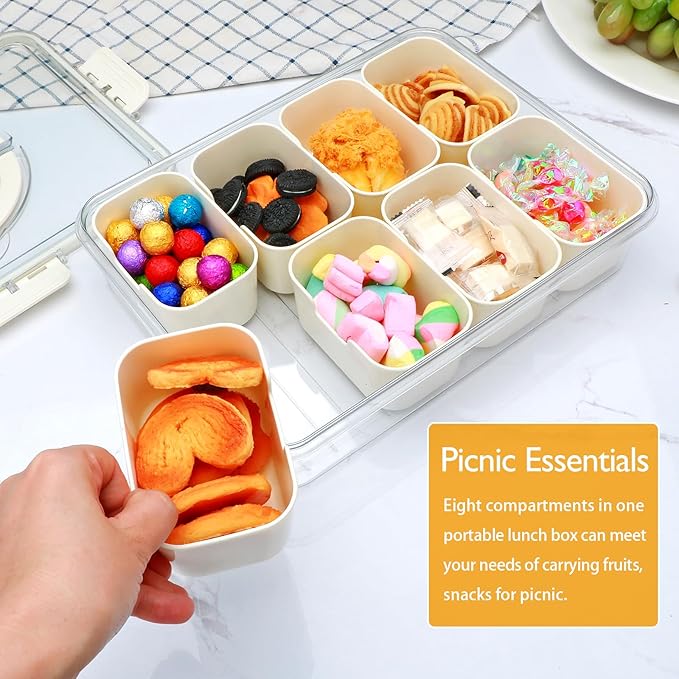 2 Pack Snackle Box Container,snack box-Divided Serving Tray with Lid and Handle with 8 Compartment,Portable Snack Serving Platters Reusable Storae Organizer for Fruits,Nuts,Candy,Party,Picnic-NeatNest