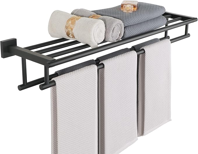 Alise Towel Rack for Bathroom,Large Towel Holder Towel Shelf with Double Towel Bars for Bathroom Lavatory,SUS 304 Stainless Steel Wall Mount Towel Hanger,Matte Black,32 Inch
