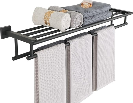 Alise Towel Rack for Bathroom,Large Towel Holder Towel Shelf with Double Towel Bars for Bathroom Lavatory,SUS 304 Stainless Steel Wall Mount Towel Hanger,Matte Black,32 Inch