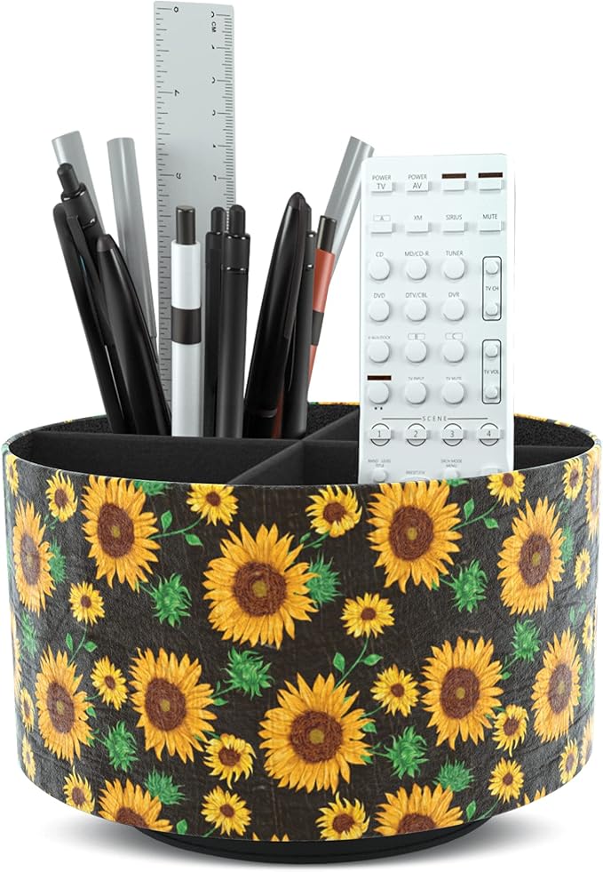 Hennaja Round Leather Art Supply Organizer,Remote Control Holder,360 Degree Rotating,Multi-Functional Pencil Holder,4 Compartments Desktop Stationary Organizer(1-Sunflower)-NeatNest