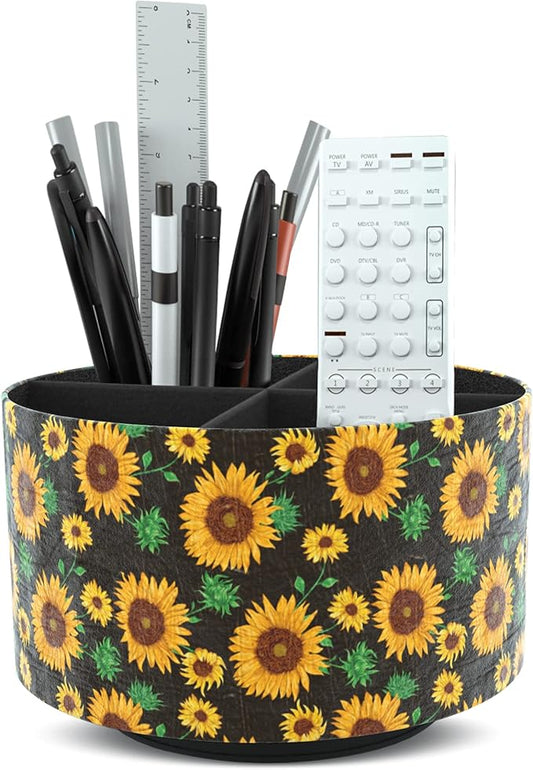 Hennaja Round Leather Art Supply Organizer,Remote Control Holder,360 Degree Rotating,Multi-Functional Pencil Holder,4 Compartments Desktop Stationary Organizer(1-Sunflower)-NeatNest