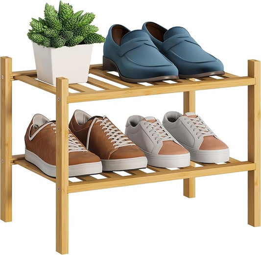 BMOSU 2-Tier Bamboo Small Shoe Rack Premium Stackable Shoe Shelf Storage Organizer for Hallway Closet Living Room Entryway Organizer (Natural Bamboo)-NeatNest